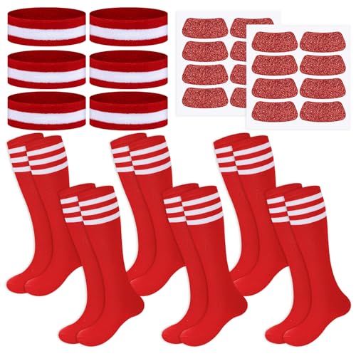 Shyyween Red 18 Pcs Knee High Socks Headbands Glitter Eye Stickers for Sports Team Spirit Wear Accessories