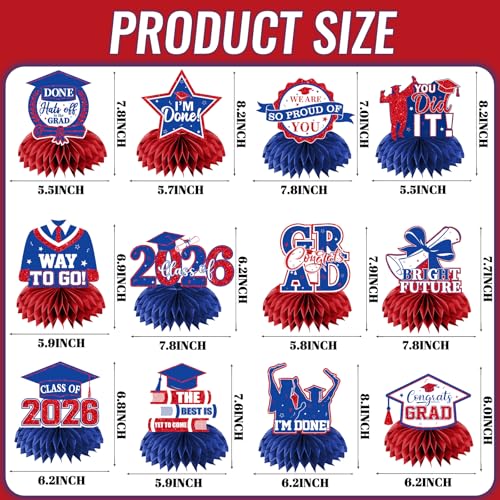 Image of 12pcs Graduation Table Decorations,Red and Blue Graduation Decorations 2026 Graduation Centerpieces for Tables,Class of 2026 Centerpieces Honeycomb for Congrats Grad Table Decor