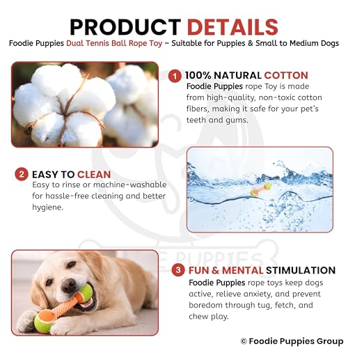 Image of Foodie Puppies Durable Cotton Rope Chew Toy for Dogs (Double Tennis Ball) | Chewing, Fetching, Playing, Teething & Training for Small to Medium Dogs & Puppies (Color May Vary)