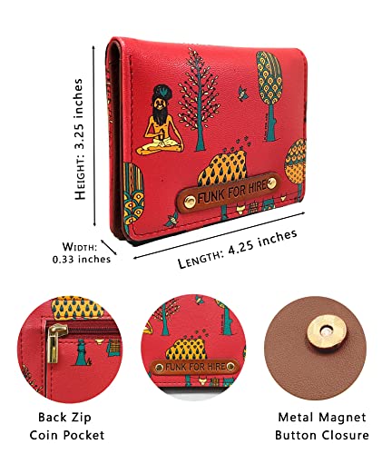 Image of Funk For Hire Vegan Leather Slim Minimalist Wallet with 6 Card Slots, Zippered Coin Pouch & Cash Compartment - Printed Bifold Card Holder for Men & Women (Red)