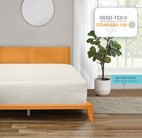 Image of ROYALE LINENS 300 Thread Count 100% Long Staple Combed Cotton Fitted Sheet Twin - Super Soft Deep Pocket Bottom Sheet - Fitted Sheets Only - Elastic Sheets (Twin, Cream)