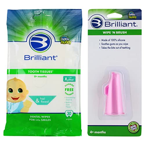 Brilliant Wipe N Brush - Silicone Toothbrush and 30 ct. Tooth Tissues - Xylitol Dental Wipe, Mouth Cleaner for Infants 4-16 Months Old, Infant Oral Cleaning Products, Baby Registry Must Haves, Pink