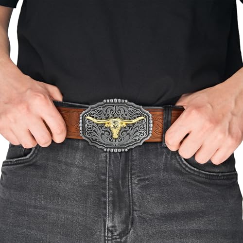 Image of Men Cowboy Belt, Western Cowgirl Big Letter Buckle Belts | Longhorn Bull Strap for Jeans Pants, Faux Leather Embossed Floral County Waistband