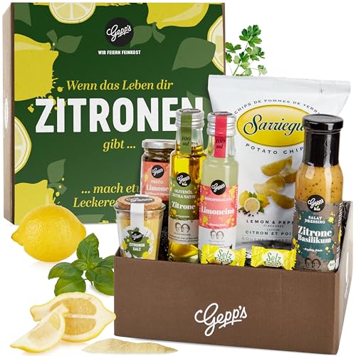 Gepp’s Feinkost Geschenkbox Zitrone I Geschenkset für Frauen & Männer I Präsentkorb gefüllt mit Delikatessen: BIO Olivenöl mit Zitrone, Pesto Limone uvm.