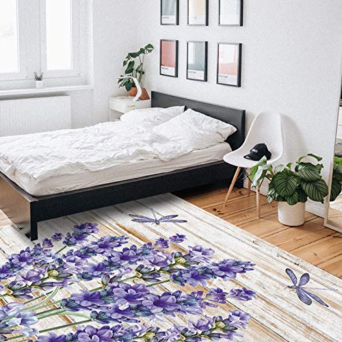 Indoor Area Rug 2' X 3' Purple Floral Lavender Dragonfly, Non-Slip Floor Rugs For Living Room/Bedroom/Baby Room/Nursery, Throw Carpet Floor Modern Home Decor Retro Country Wooden Board #TOP6