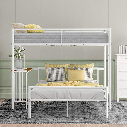 Mupple Twin Over Full Metal Bunk Bed With Desk Ladder And Quality Slats For Bedroom (White) #TOP2