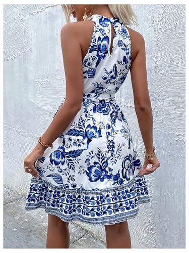Floerns Women's Floral Sleeveless Halter Dress Flounce Hem Belted A Line Dresses3