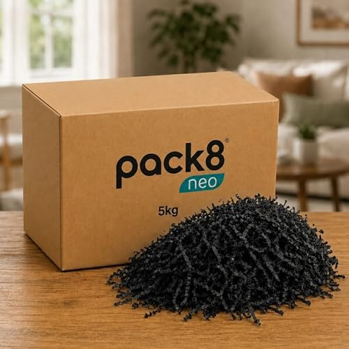 Image of Pack8neo Shredded Paper Cutting For Giftpacking, Hampers, Gift Baskets & Boxes, 5kg | Sustainable grass paper, Crinkle Cut filler, Gift Packaging Protection & Recyclable decoration material, Black