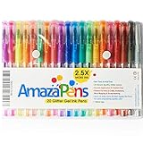 Colored Gel Pens by AmazaPens - 20 Pack Super Glitter 150% More Ink than Other Colored Pen Sets | Best for Adding Sparkle to Your Adult Coloring Books and Art Projects.