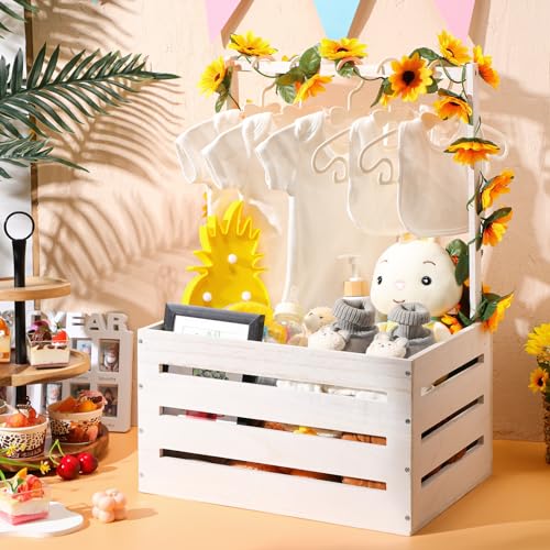 Image of Juexica Wooden Baby Shower Crate Closet, Sunflower Theme Baby Basket with Handle and Garland Letter, Storage Crate Hamper, DIY Basket for Pregnancy New Parent(White)