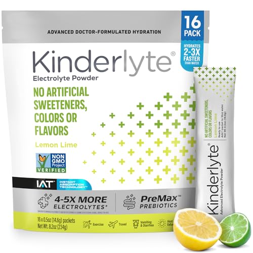 Kinderlyte Advanced Electrolyte Powder Drink Mix, Hydration Packets, PreMax Prebiotics, No Artificial Sweeteners or Flavors, No Synthetic Dyes, Non-GMO, for Kids and Adults, Lemon Lime (16 Count)