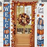 Deroro Bannière de porche « Welcome Fall Thanksgiving »   Bleu   Récolte d'automne « Give Thanks »   Bannière décorative à suspendre pour porte d'entrée   Feuilles d'érable   Décoration rustique pour