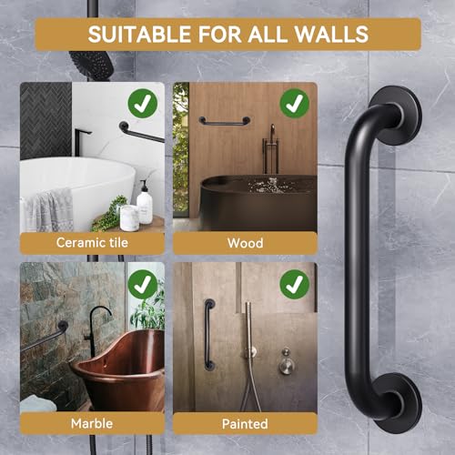 Image of AmazerBath Shower Grab Bars for Seniors Anti Slip, Bath Safety Grab Bar for Needy, Stainless Steel Bathroom Safety Grab Bars, Thickened Bar Bigger Base Holds 500LBS, 16 inch L x 1.25 inch D, Black
