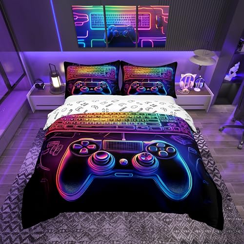 Loussiesd Gamer Bettwäsche Set 135x200cm Neon Gamer Bettbezug für Kinder Jungen Mädchen Bunte Spiel Controller Bettbezug Videospiel Atmungsaktiv Bettwäsche-Set Schlafzimmer Sammlung