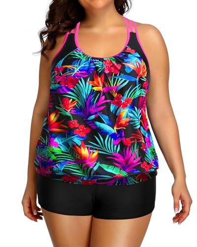 Image of Womens Plus Size Tankini Swimsuit Two Piece Tummy Control Bathing Suit | Blouson Racerback Tankini Top with Shorts, Double Up Design, Removable Pad