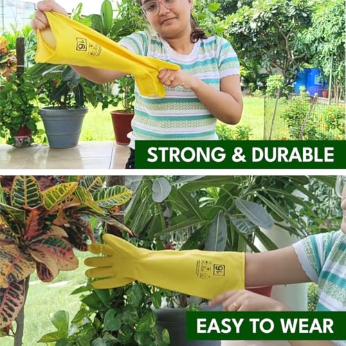 Image of Casa De Amor 16 Inch Long Heavy Duty Latex Rubber Gardening Gloves - Waterproof & Reusable Garden Gloves for Home, Farming, Agriculture & Dairy Use - 0.55mm Thick, Yellow (1 Pair)