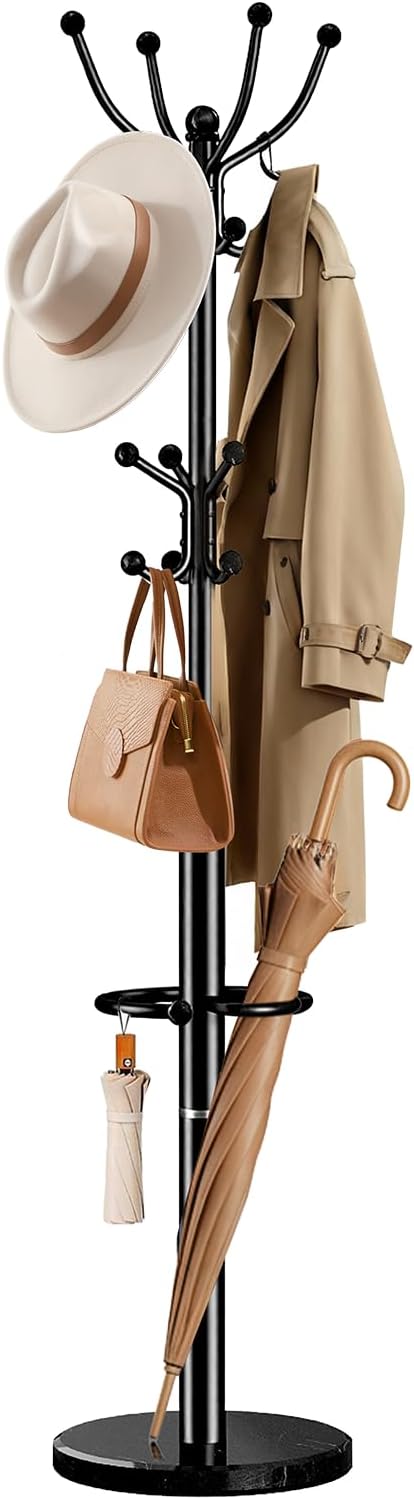 Pipishell Metal Coat Rack with Sturdy Marble Base, Coat Tree with 16 Hooks & Detachable Umbrella Holder, Freestanding Coat Rack for Entryway, Corner, Bedroom and Home Office, Black