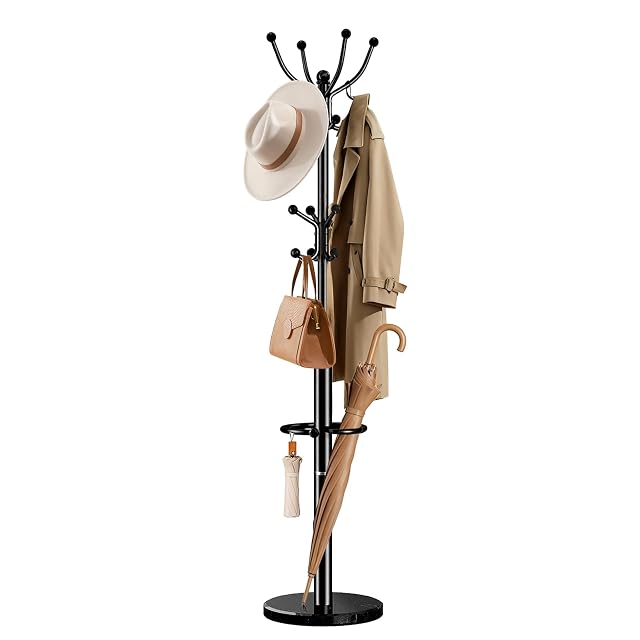 Pipishell Metal Coat Rack with Sturdy Marble Base Coat Tree with 16 Hooks Detachable Umbrella Holder Freestanding Coat