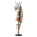 Metal Coat Rack with Sturdy Marble Base, Coat Tree with 16 Hooks & Detachable Umbrella Holder, Freestanding Coat Rack for Entryway, Corner, Bedroom and Home Office, Black