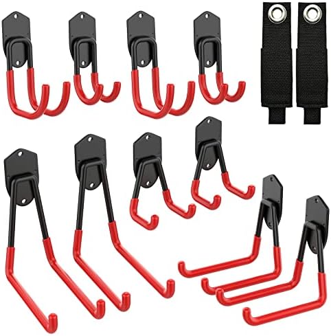 TORACK 12PCS Garage Storage System Hooks, Wall Mount Heavy Duty Rubber Coated Utility Hooks for Ladders, Cords, Folding Chairs, Weed Eaters, Shovels, Rakes and Garden Tools