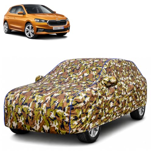 Image of Waterproof Car Body Cover for Skoda Fabia with Mirror Pocket| Cotton Inner Lining | Triple Stitched | All Weather Protection | Dust, UV & Rain Proof (Camouflage with Blue Piping)
