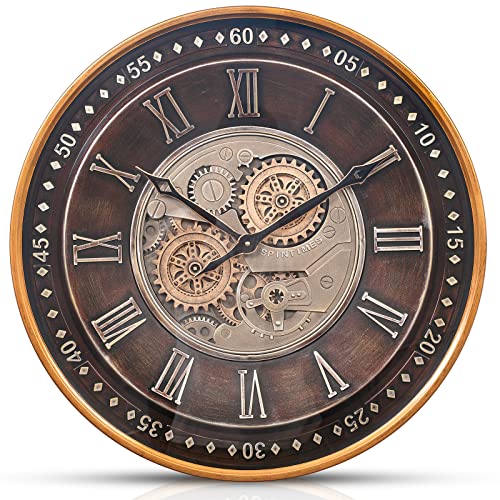 Samilito 61 cm Wanduhr mit echten beweglichen Zahnrädern, übergroße große industrielle Steampunk-Wanduhr, antike goldene große römische Ziffer, leise Metall-Wanduhr für Wohnzimmerdekoration, Büro,