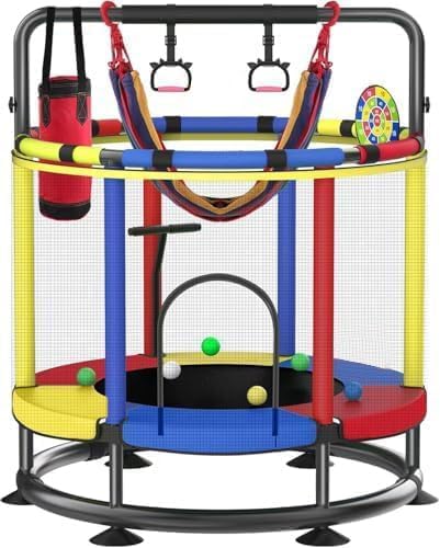 Trampoline for Kids, Full Anti-Rust 440lbs Anti-Rollover Round Bottom Toddler Trampoline, T-handrail Adjustable Baby Toddler Trampolines Dart Board (Dark Red Yellow Blue, 55)