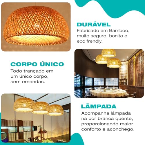 Kit 03 Luminária de Teto Lustre Pendente Bambu Madeira Sunfy Malibu Rústico 43cm - Completo