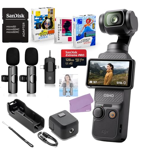 Image of DJI Osmo Pocket 3 Vlogging Camera with 4K, 3-Axis Stabilization, Fast Focusing, Face /Object Tracking Bundle + Accessories Including 128GB Extreme Card, Wireless Microphone Sys, Software & More
