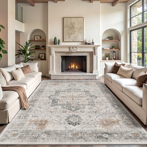 Rugland Area Rugs 9x12 Living Room - Stain Resistant Washable Rug, Anti Slip Rugs for Living Room, Vintage Tribal Area Rugs(Medallion 01-Taupe/Grey, 9'x12')