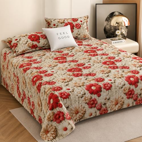 Image of Cotton Feel King Size Flat Bedsheet for Double Bed (90 x 100 Inches | 230 x 250 cm) with 2 Pillow Covers | Soft & Smooth Printed Bedsheet for Daily Use (RedMulti 7D, King Bed-90x100)