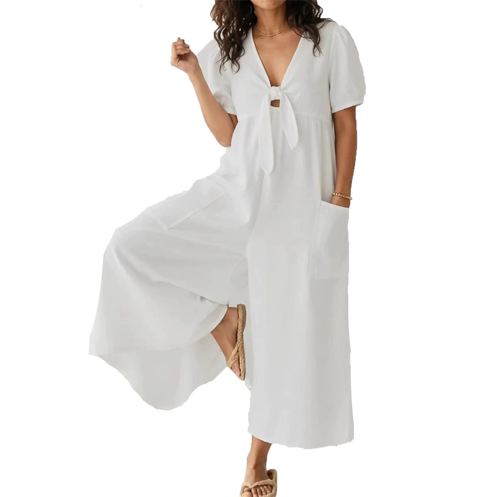 Combinaison en Jean pour Femmes à Manches Bouffantes, à Nouer sur Le Devant, Pantalon Large, Une pièce pour Un Style Estival décontracté