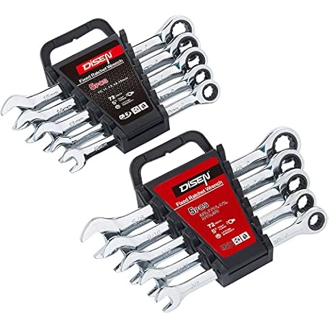 DISEN 10Pcs IN/MM Ratcheting Wrench Set with Organizer Rack Cover
