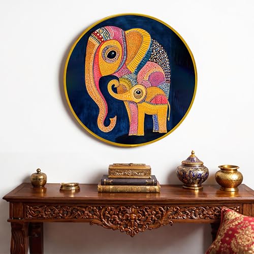 Image of Modern Abstract Elephant Gond Round Framed Wall Art Painting For Living Room | Indian Folk Vastu Elephant Wall Art Painting With Frame for Home, Bedroom & Office, 16 Inch