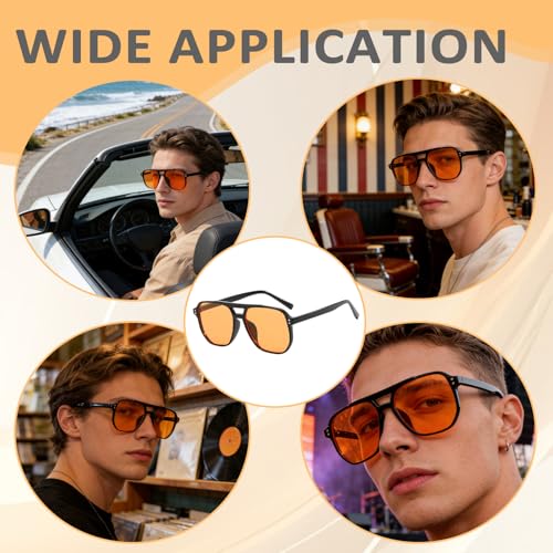 SquishyWorld Retro Sonnenbrille Herren Damen 70er Style Pilotenbrille Orange Gläser Schutz Vintage Große Rechteckige Sonnenbrillen für Autofahren Party Festival Schwarz Glänzend 1 Stück