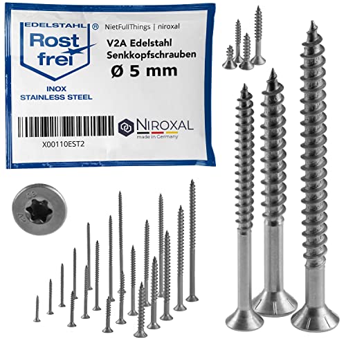 Torx Lot de 4 vis, en acier inoxydable V2A, pour bois A2, panneaux d'aggloméré, à filetage partiel, 5 mm d'épaisseur, longueur : 55 mm Cover
