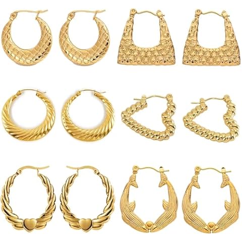 6 Pairs Gold Hoop Earrings for Women,14K Gold Plated Lightweight Chunky Hoop Earrings,Twisted Huggie Hoops Earring Set Hypoallergenic Jewelry for Gifts (A-Gold) Cover