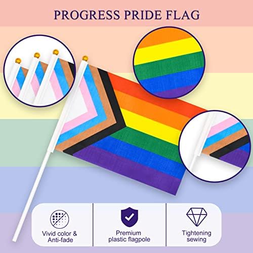 20 Pack Small Progress Pride Flag Stick 21 x 14 cm - Handheld Progress Pride Flags, Mini LGBTQ Rainbow Gay Flag for Outdoor LGBT Parades, Rainbow Party Decorations