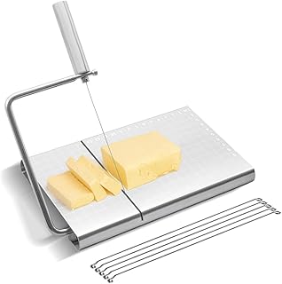 Malataqin Stainless Steel Cheese Slicer, Multipurpose Cheese Cutter and Cutting Board with 5 Replacement Wires, Tightness Adjustable Cheese Slicer for Block Cheese, Butter