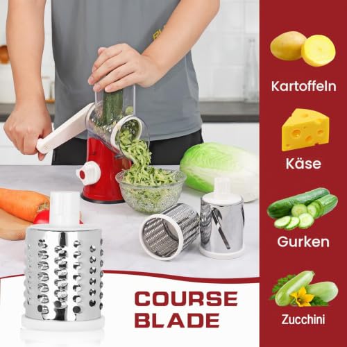 Foto von Diealles Shine Käsereibe mit Kurbel, Reibe für Gemüse mit 3 Edelstahl Austauschbaren Trommelklingen, Manuelle Trommelreibe, Gemüseschneider, Ideal für Gurken, Käse und Nüsse, Karotten usw(Rot)