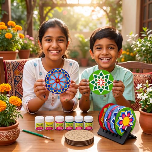 Image of ImagiVibe Premium Mandala Coaster Painting Kit for Kids & Adults | DIY Mandala Art | 6 Pre-Marked Wooden 4 Inch MDF Coasters with Stand | Creative Art & Craft Activity | Gift (Mandala - Acrylic Paint)