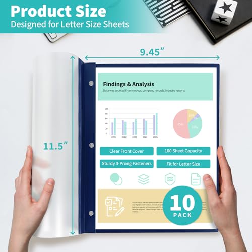 Image of Heavy-Duty Report Covers with 3 Prongs, 100-Sheet Capacity, Navy, 10 Pack