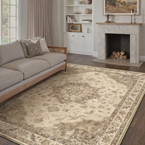 PureCozy Brown Area Rug 9x12 Washable Vintage Carpet for Living Room Bedroom Large Soft Retro Low Pile Thin Indoor Rug Non Slip Oriental Medallion Floor Cover for Dining Room Office 9' x 12'