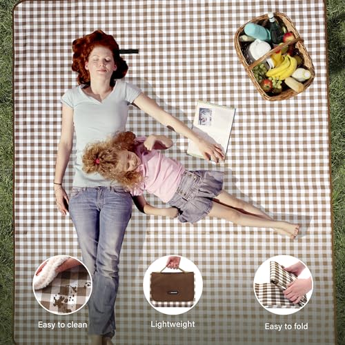 HX&OD Outdoor Picnic Blanket 80\"X80\" Picnic Mat Extra Large Camping Blanket Beach Blanket Foldable Waterproof Sand Mat Hiking Travel Family Concerts(Brown)