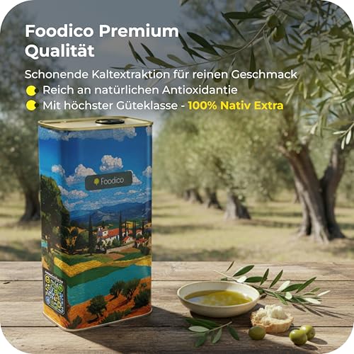 zeigt intensive Fruchtigkeit mit Tomaten- und Kräuternoten - Detailansicht von Foodico Olivenöl Extra Virgin 1L Spanien ...