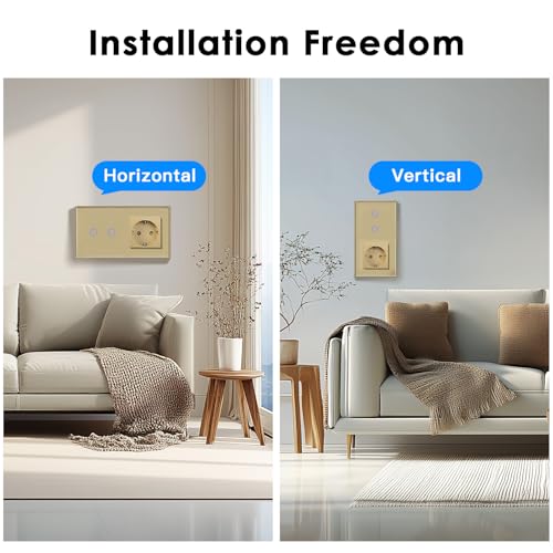BSEED Normale Steckdose mit Smart ZigBee Lichtschalter, intelligenter Wandschalter Kompatibel mit Alexa und Google Home, 2 fach 1 Weg Schalter 250V Golden (Hub erforderlich)