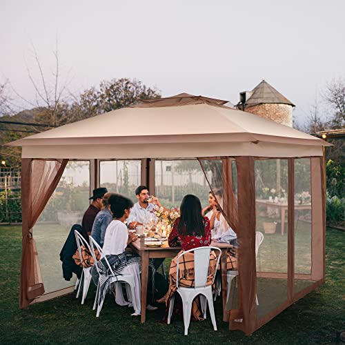 Phi Villa 11'X 11' Pop-Up Gazebo Shelter With Screen Wall Panels Instant Outdoortent With 121 Square Feet Of Shade,Beige #TOP1