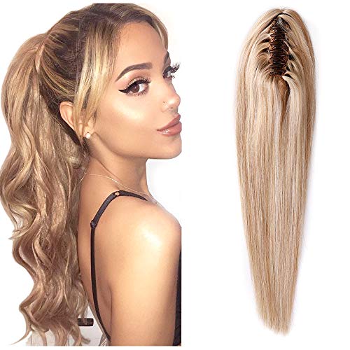 Hairro Claw Ponytail Extension Jaw On Clip On Ponytails Remy Hair Straight Balayage Two Tone Claw Clips Pony Tail Hairpiece For Women 16 Inch 105G #18P613 Ash Blonde Mix Bleach Blonde #TOP8