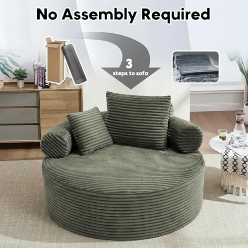 Image of Oversized Round Chair Lounge Chaise Indoor, 55.5 inch Upholstered Corduroy Deep Seat Single Cloud Sofa Chair, Fluffy Modern Large Circle Boneless Sleeper Sofa for Living Room, Bedroom, Green