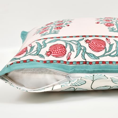 Image of BLOCKS OF INDIA Hand Block Printed Cotton,300 TC Cushion Cover (16 X 16 Inches) (Anar Ka Ped), Multicolor